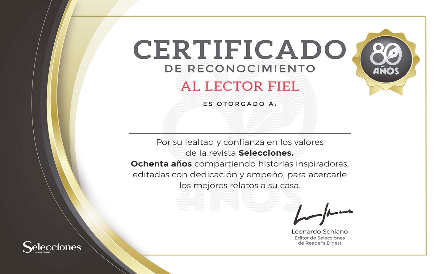 Certificado de Reconocimiento al Lector Fiel